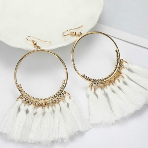 Francesca's Boho White Gold Hoop Tassel Earrings - Picture 1 of 4